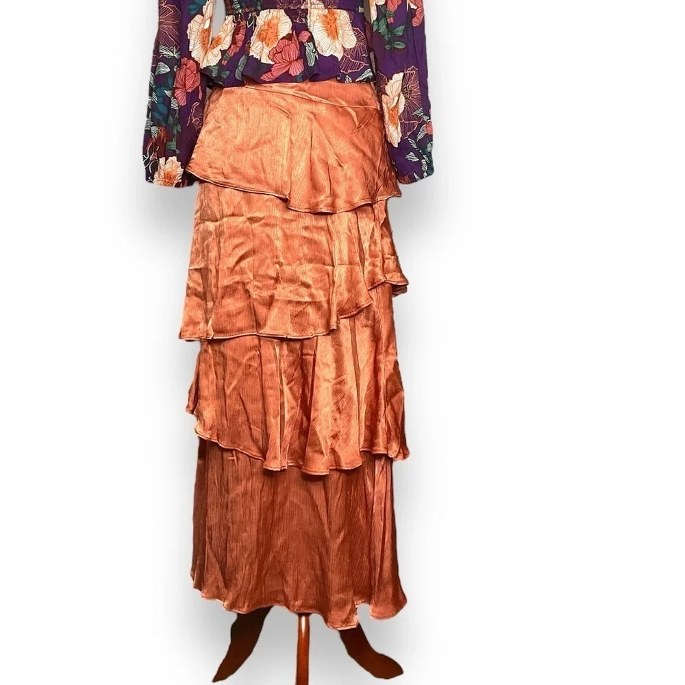Maeve Copper Satin Flat Waist Asymmetrical layered Maxi Party Skirt Size 0
